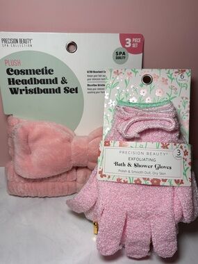 🩷 Pink Cosmetic Headband & Wristband Set and Bath & Shower Gloves